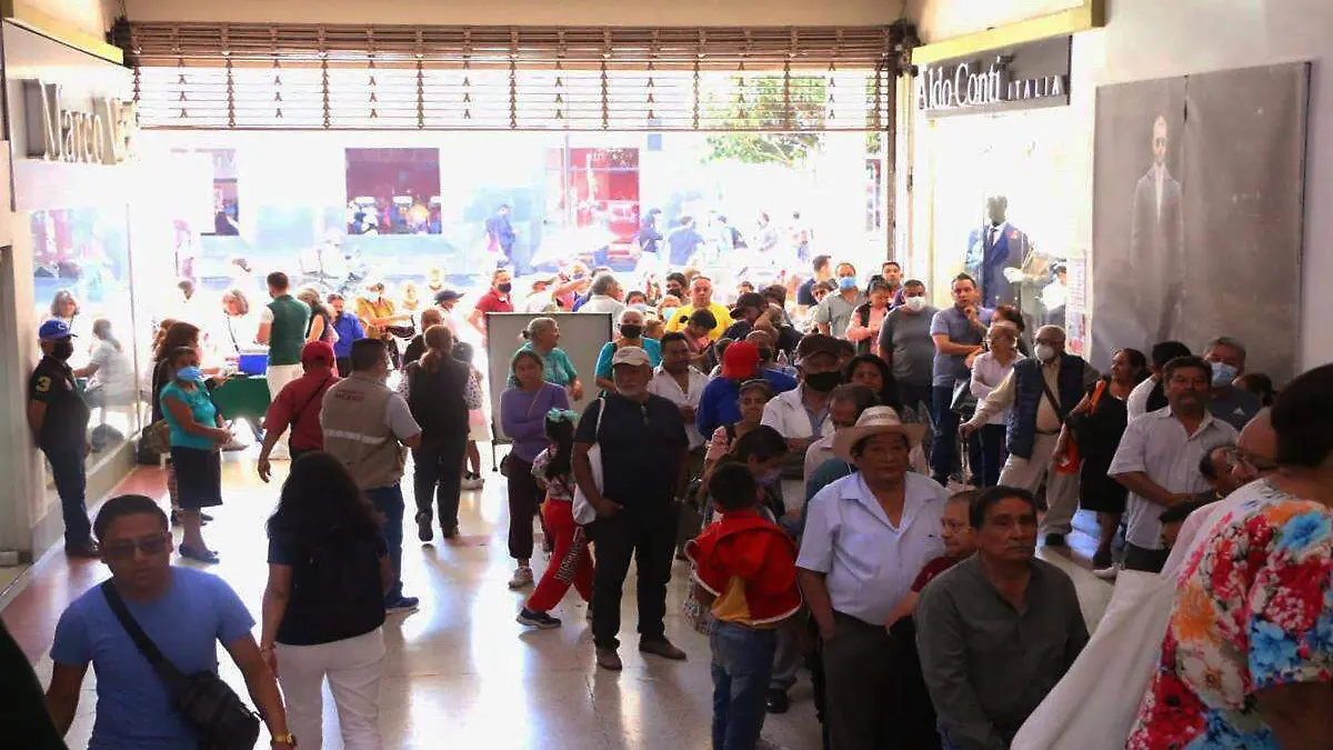 Comerciantes afectados por largas filas de adultos mayores en espera del pago de su pensión en Xalapa